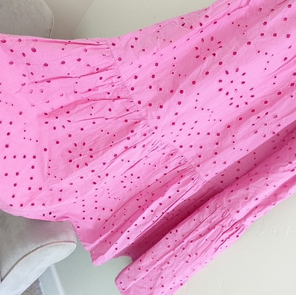 ZARA PINK OPENWORK EMBROIDERED MIDI DRESS PUFF SLEEVES - Picture 9 of 12